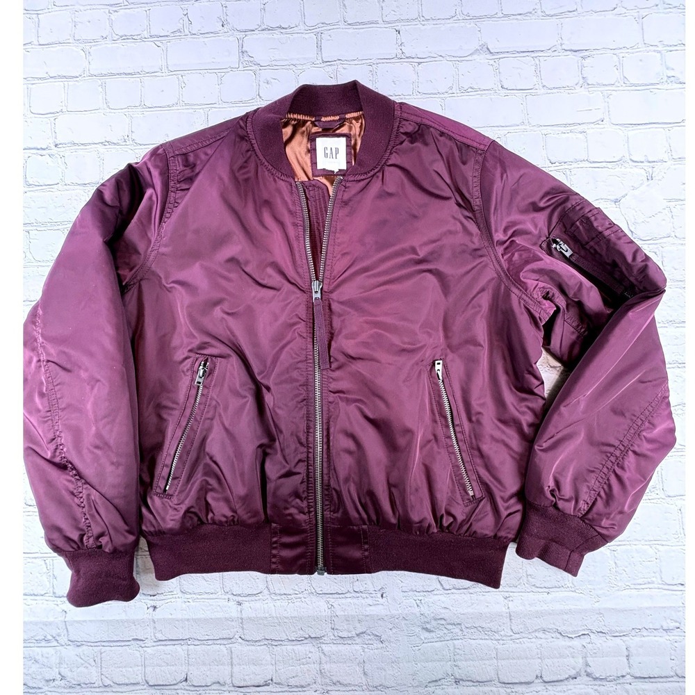 Gap Bomber Jacket Womens Small Burgundy Full Zip Ribbed Trim Utility Pocket